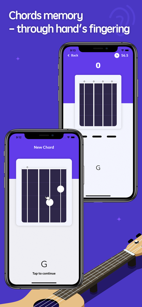 ukulele chords pro - uke chord - Dos pantallas de smartphone que muestran un diagrama de digitación de acorde G de ukelele y un juego de práctica de memoria de acordes