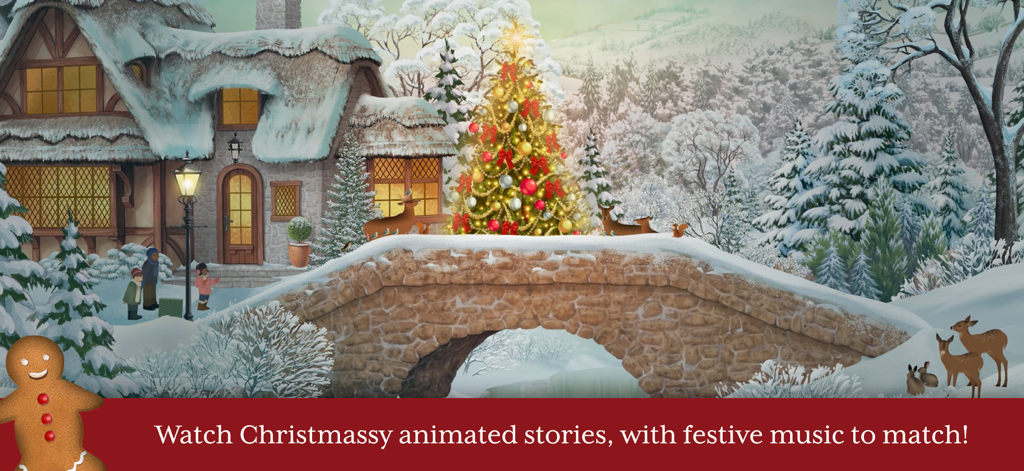 Jacquie Lawson Advent Calendar - A cozy snow-covered Christmas village with a stone bridge and a lit Christmas tree