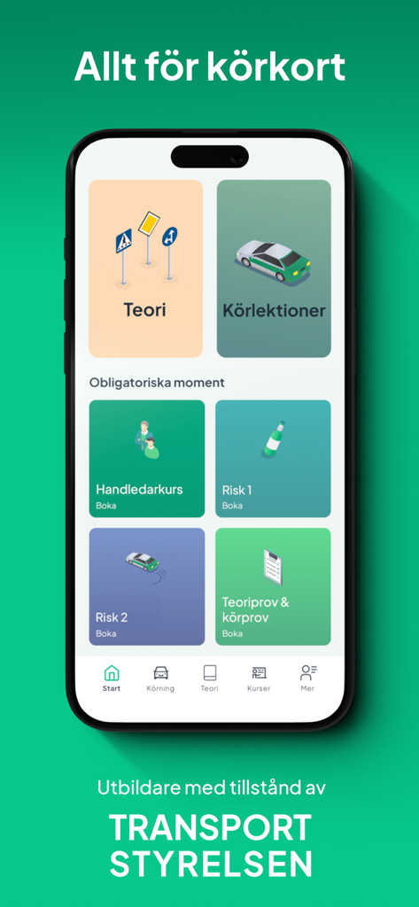 Pantalla de inicio de la app Trafiko mostrando módulos para teoría de conducción, clases y cursos obligatorios en Suecia