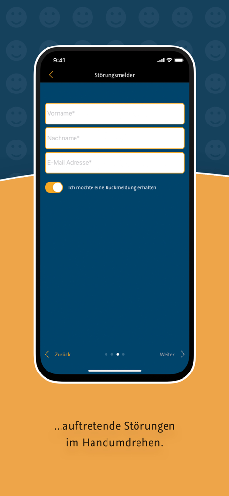 sWapp - Ein Formular innerhalb der sWapp Mobile App zur Meldung lokaler Probleme mit Feldern für Name und E-Mail