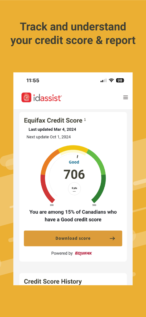 ID Assist Mobile app interface displaying a Good Equifax credit score of 706