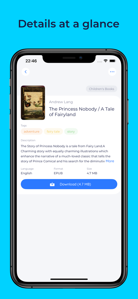 BookFusion app interface showing ebook details like tags description and download button