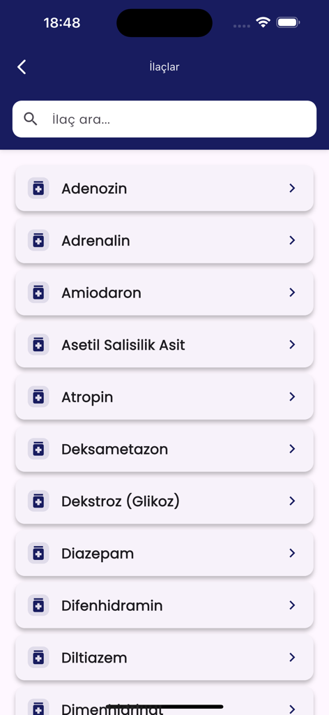 Durchsuchbare Liste von Notfallmedikamenten in der Vaka Protokolleri App