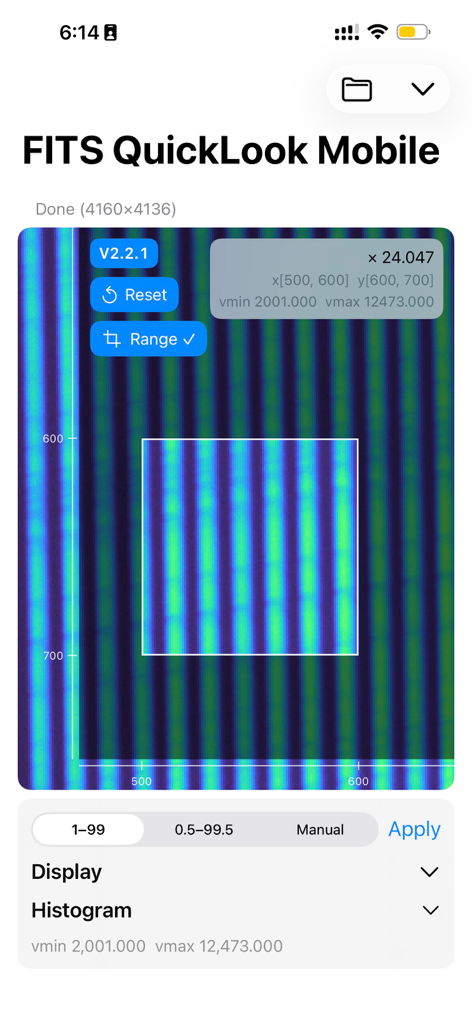 La aplicación FITS QuickLook Mobile mostrando la inspección de datos astronómicos en iPhone