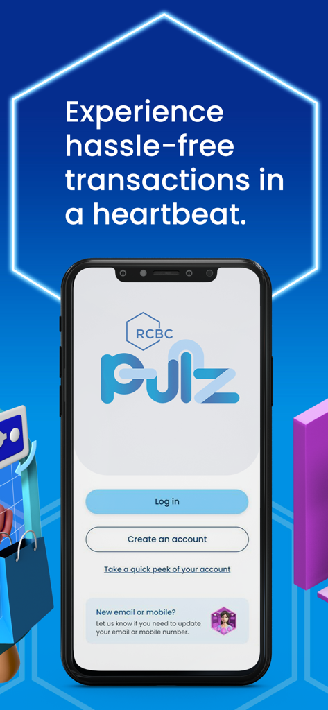 RCBC Pulz digital banking app login screen with hassle free transactions slogan