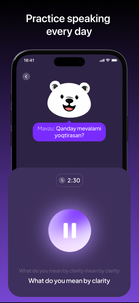 Zehnly AI - Pantalla de la aplicación móvil Zehnly AI que muestra una sesión diaria de práctica de expresión oral en inglés con un personaje tutor de IA