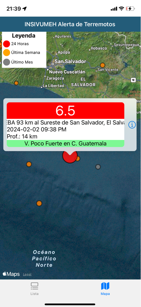 INSIVUMEH Alerta de Terremotos - マグニチュード 6.5 の地震イベントを示す INSIVUMEH 地震アラート アプリの地図ビュー。