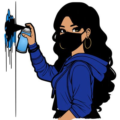 realistic girl with mask spray painting a wall
