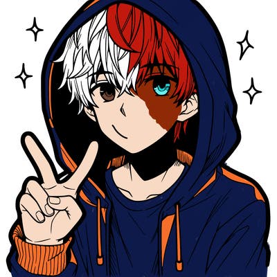 teenage manga boy in a hoodie, doing ✌