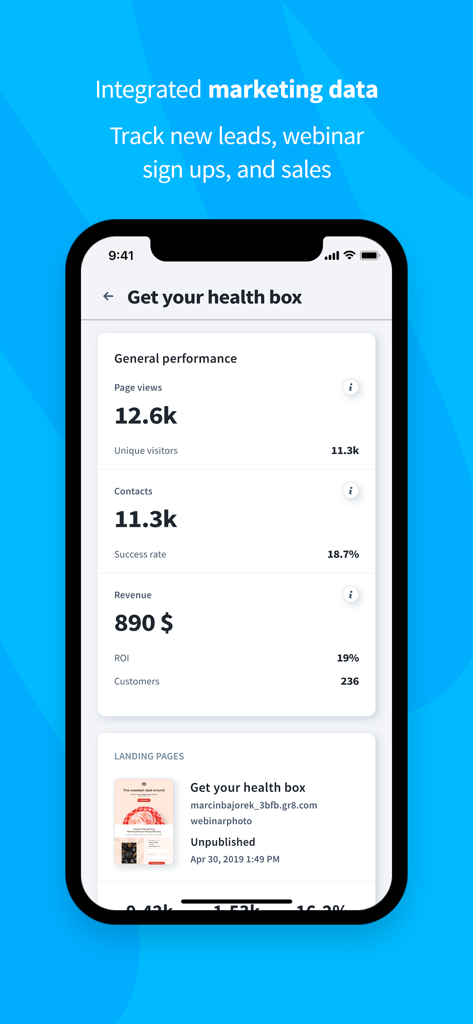 キャンペーンのページビュー、連絡先、収益分析を含む統合マーケティングデータを表示するモバイルアプリダッシュボード。