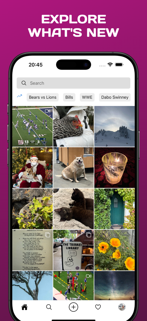 The explore page of the Pinksky app showing a grid of photos and trending topics on the Bluesky network.
