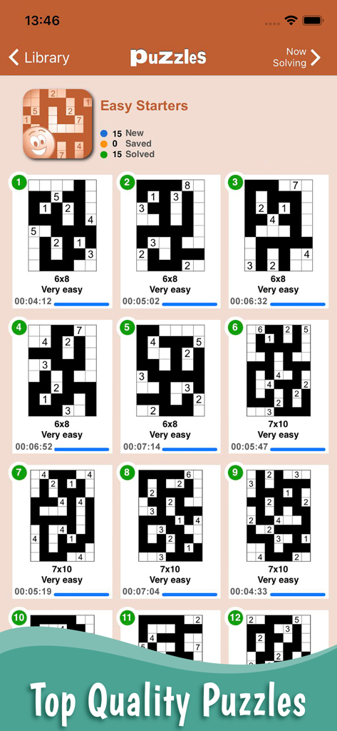 Nurikabe: Islands & Walls - Biblioteca de rompecabezas de Nurikabe Islas y Muros mostrando niveles resueltos con tiempos de resolución y niveles de dificultad.