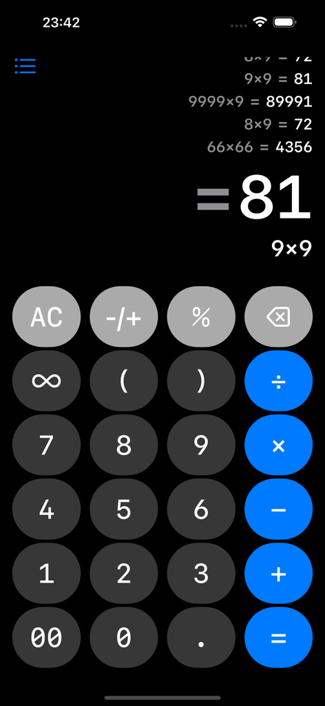 Calculator⁷ app interface showing calculation history and a dark mode numeric keypad.