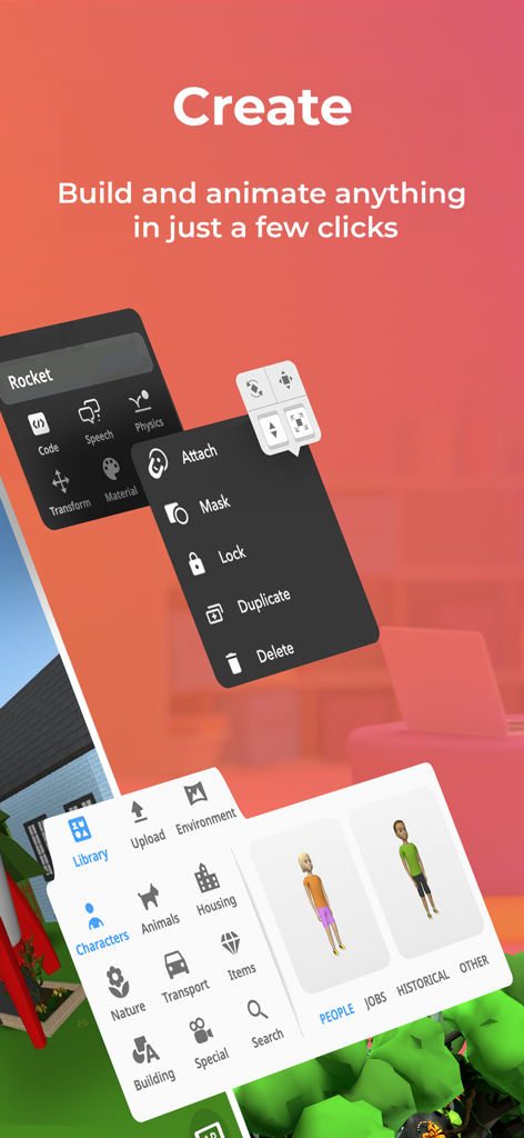 Delightex Edu - Interface of Delightex Edu showing 3D character library and animation tools for students