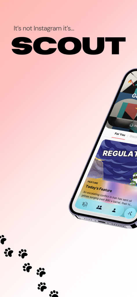 Scout: Your Daily Brief - Scout app interface showing curated news articles on a smartphone with a pink background