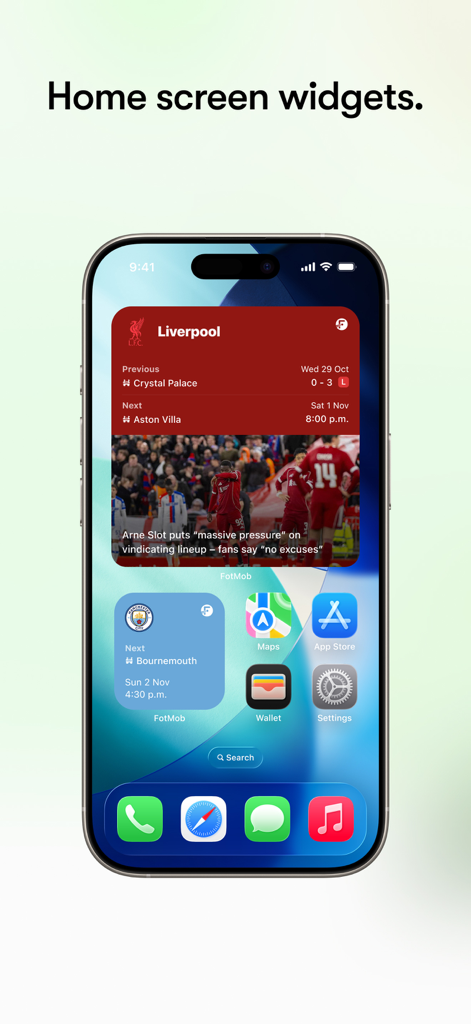FotMob - Soccer Live Scores - ライブサッカーのスコアとチームニュースを表示するiPhoneのFotMobホーム画面ウィジェット