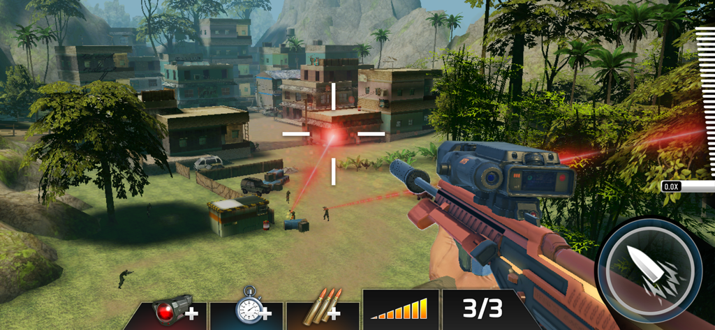 Kill Shot Bravo: Sniper Games - First person view of a sniper rifle aiming at a tropical village compound in Kill Shot Bravo