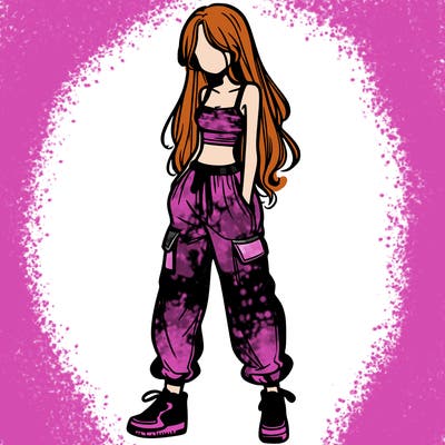 girl in baggy pants crop top and long hair