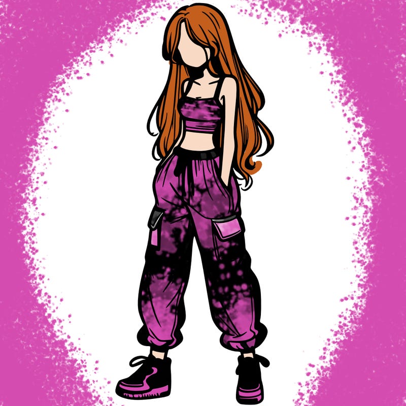 girl in baggy pants crop top and long hair