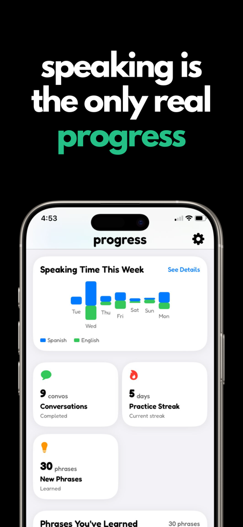 Lulu – Speak Spanish with AI - Pantalla de progreso de la aplicación Lulu que muestra estadísticas semanales de tiempo de habla para conversaciones en español e inglés