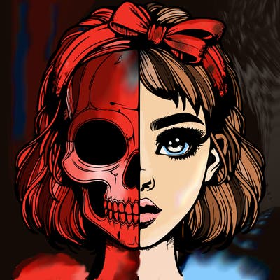 realistic girl with half skull mask