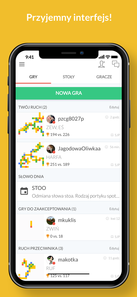 Literaki mobile app dashboard showing active multiplayer word games and player rankings in Polish.