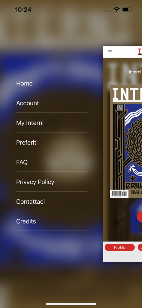 INTERNI - ホーム、アカウント、お気に入りのオプションが表示されたInterniデザイン雑誌アプリのサイドナビゲーションメニュー