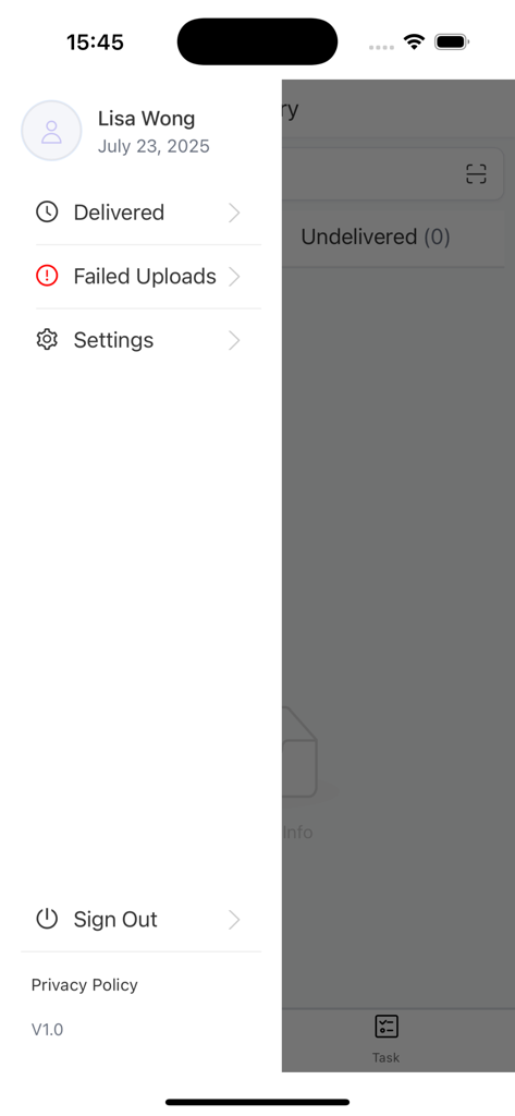 SwiftX Driver - Seitenmenü der SwiftX Driver App mit Benutzerprofil und Navigationsoptionen