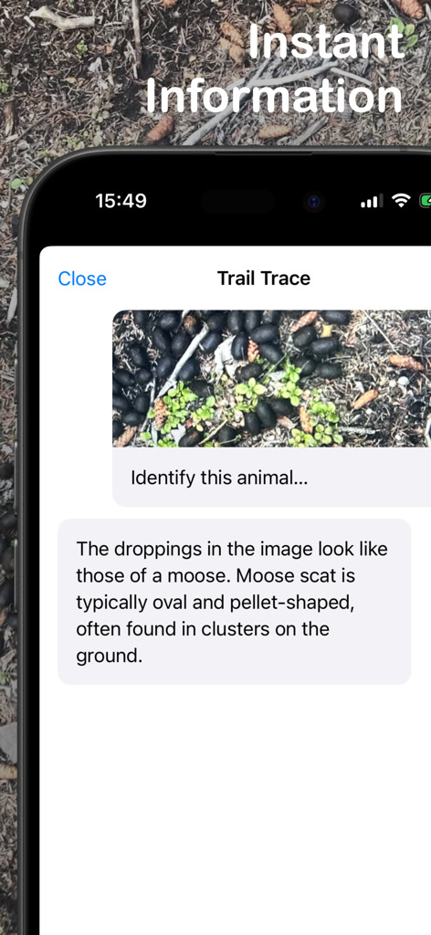 Trail Trace - Animal Tracker - A mobile app interface from Trail Trace showing the AI identification of moose scat with a detailed description