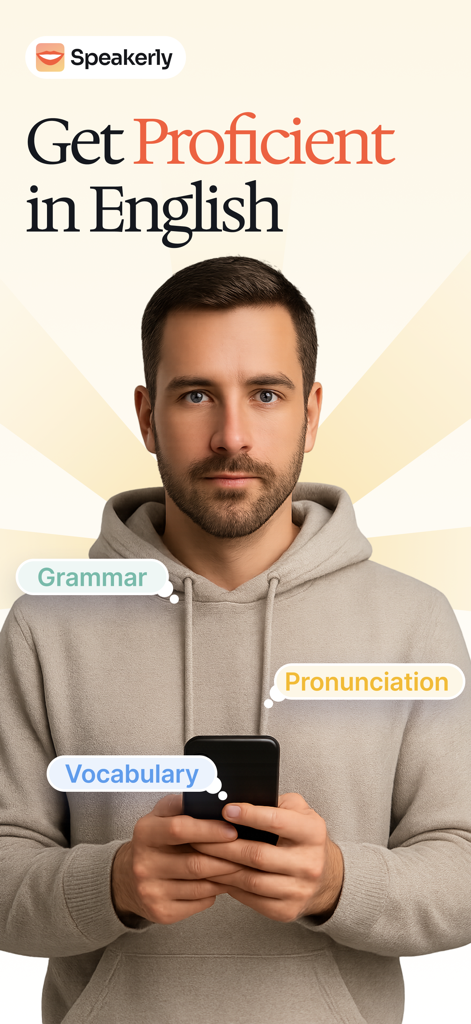 Professional man using Speakerly AI app to improve English grammar pronunciation and vocabulary