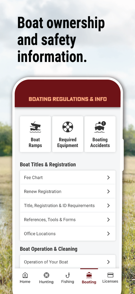 Texas Outdoor Annual - Texas Outdoor Annual app screen showing boating regulations safety information and registration links