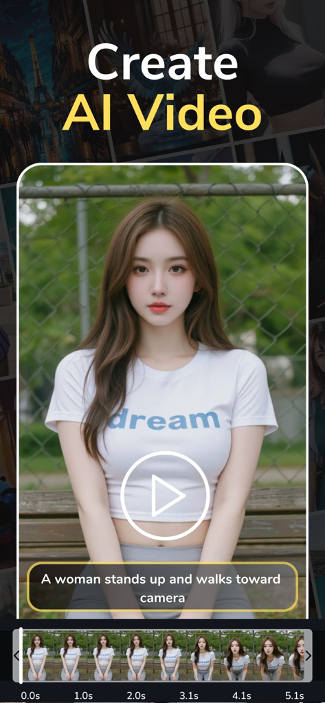 Dreamerland - AI Art Generator - Interface of the Dreamerland app showing a text to video generation tool with a prompt and a preview of a woman walking toward the camera