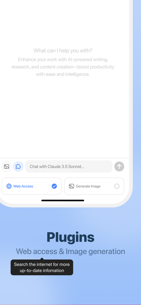 ChatHub mobile app interface displaying web access and image generation plugin options.