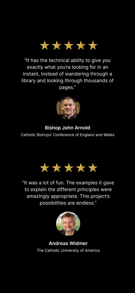 Five star testimonials for Magisterium AI from Bishop John Arnold and Andreas Widmer