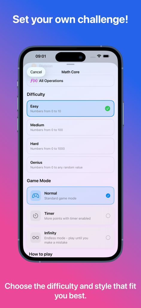 AddiGo - Mental math practice - Interface of the AddiGo app showing options to select math challenge difficulty levels and game modes like timer and infinity