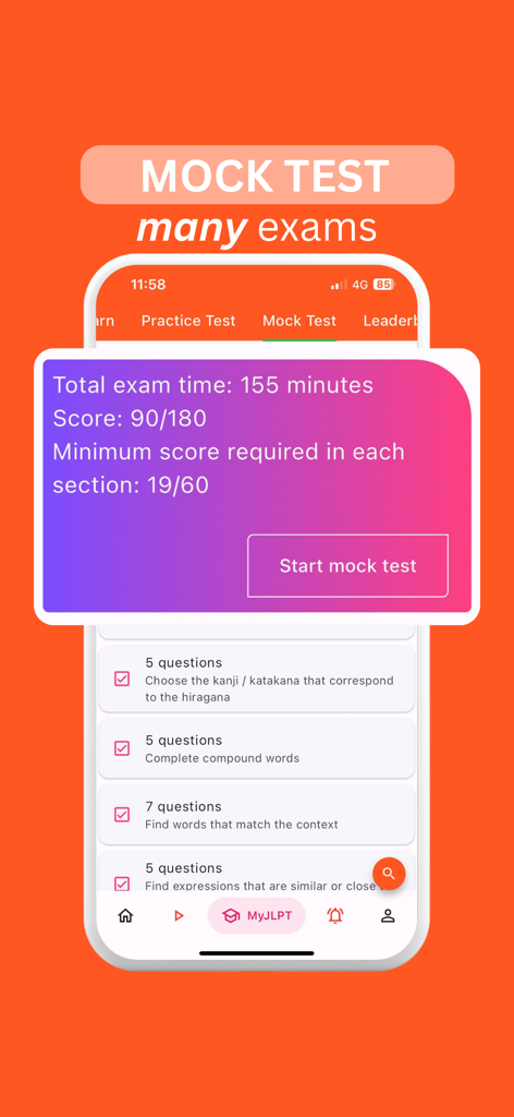 MyJLPT - A interface do aplicativo MyJLPT mostrando um resumo de simulado com o tempo do exame e os requisitos de pontuação