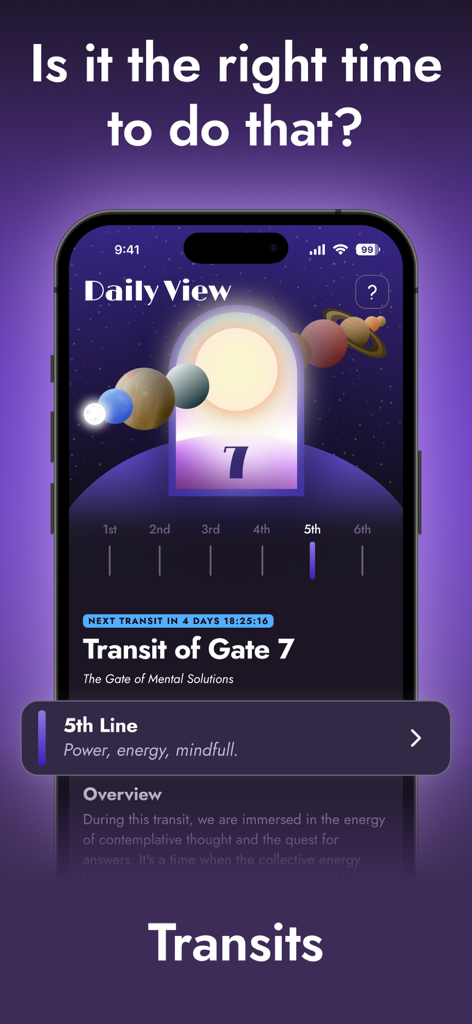 Interface of the Stella app showing the Daily View for planetary transits with descriptions of Gate 7 and the 5th Line