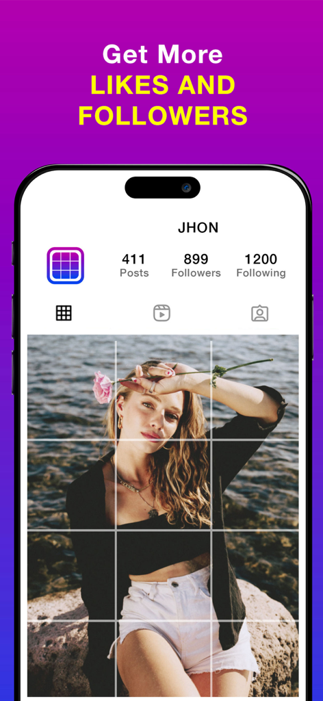An iPhone screen displaying a 3x3 photo grid on a mock Instagram profile with the text Get More Likes and Followers.