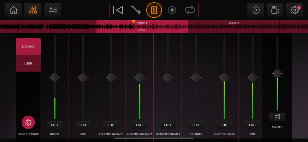 JamFactory - Multitrack Tunes - JamFactory multitrack mixer interface showing individual instrument stems and volume faders