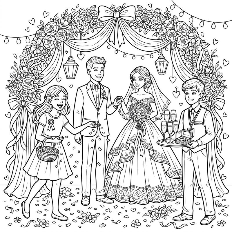 Dive into the heartwarming scene of a wedding celebration, beautifully captured in this detailed coloring page. Watch as enthusiastic teenage volunteers help make the special day even more memorable, surrounded by elegant decor and happy moments.