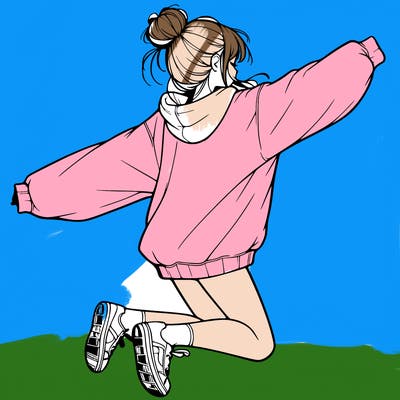 realistic girl jumping with a bun and oversized sweatshirt