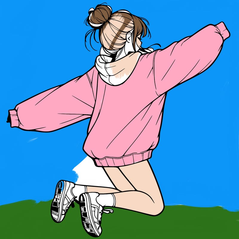 realistic girl jumping with a bun and oversized sweatshirt