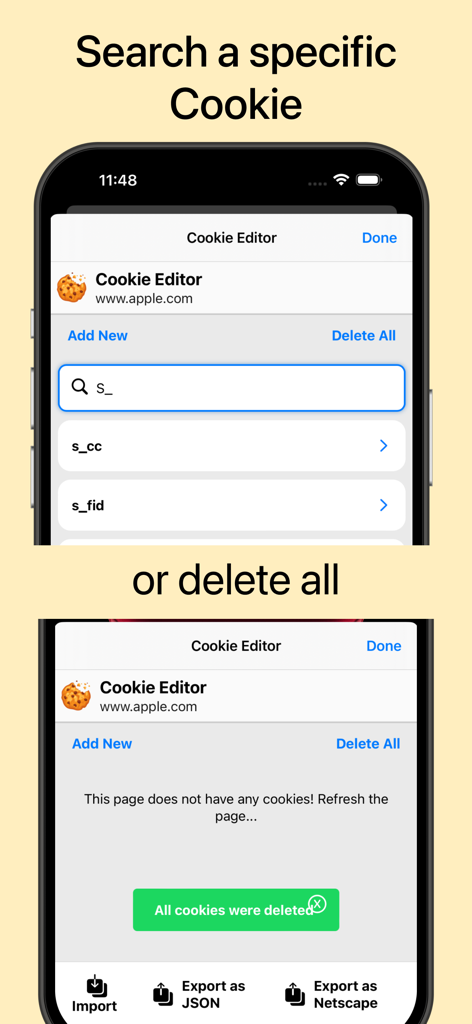 Cookie Editor for Safari mobile app interface showing search function and delete all cookies feature