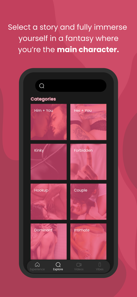 Vibes Only - A screenshot of the Vibes Only app showing various erotic story categories like Him and You, Kinky, and Forbidden