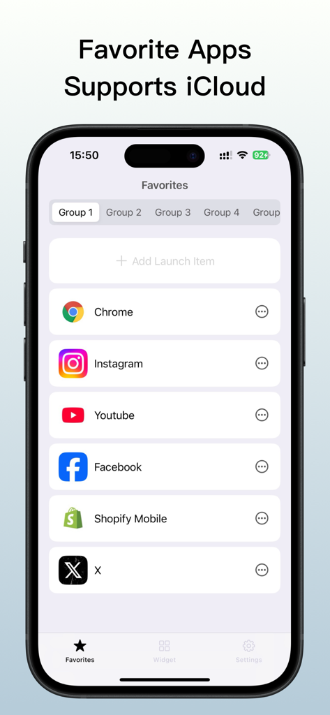 Launcher x – Quick App Widgets - Uma tela de smartphone exibindo a lista de favoritos do aplicativo Launcher x com atalhos para aplicativos populares organizados em grupos.