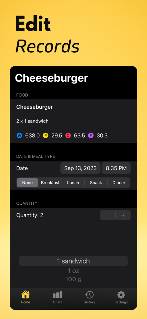 Protein Tracker+ - Una pantalla de la aplicación Protein Tracker plus que muestra la interfaz de edición de registros para una entrada de hamburguesa con queso con detalles de macros.