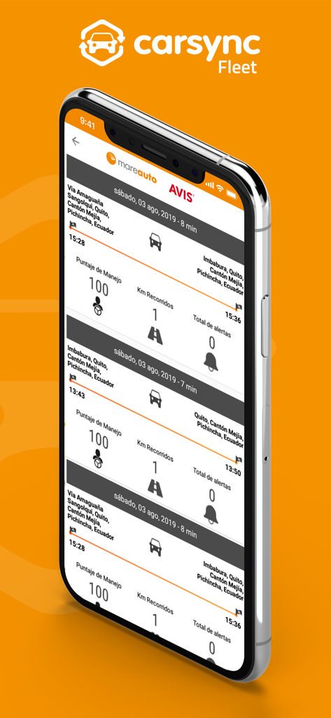 Carsync Fleet - Carsync Fleet mobile app interface displaying vehicle trip history and driver safety scores on an iPhone