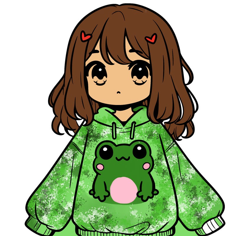 girl wearing frogging sweatshirt