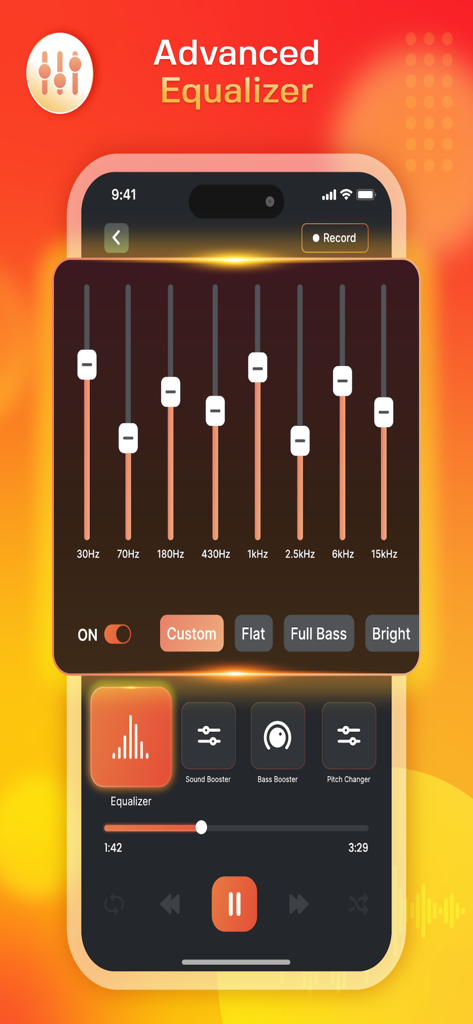 Sonic Equalizer: Bass Booster - Advanced equalizer interface in the Sonic Equalizer app showing frequency sliders and audio playback controls.