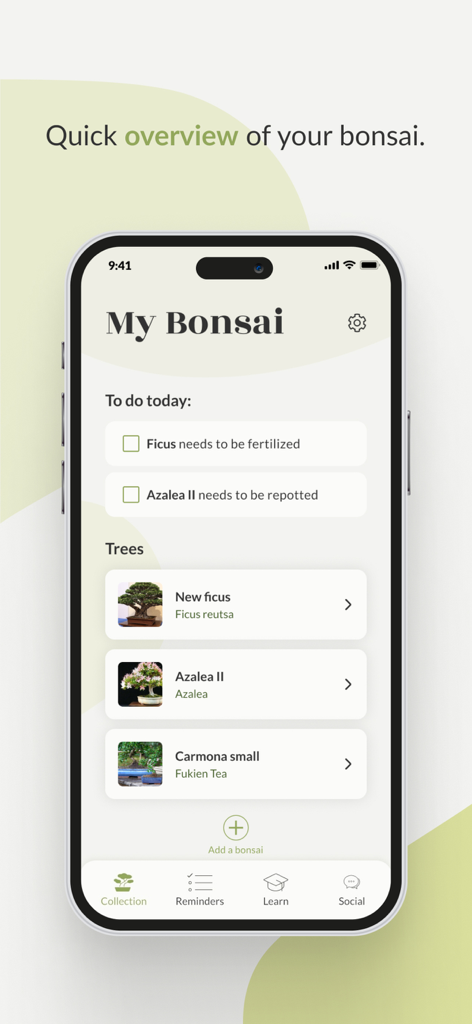 Bonsai Care App - Bonsai Care App collection screen showing a list of trees and daily care tasks like fertilizing and repotting